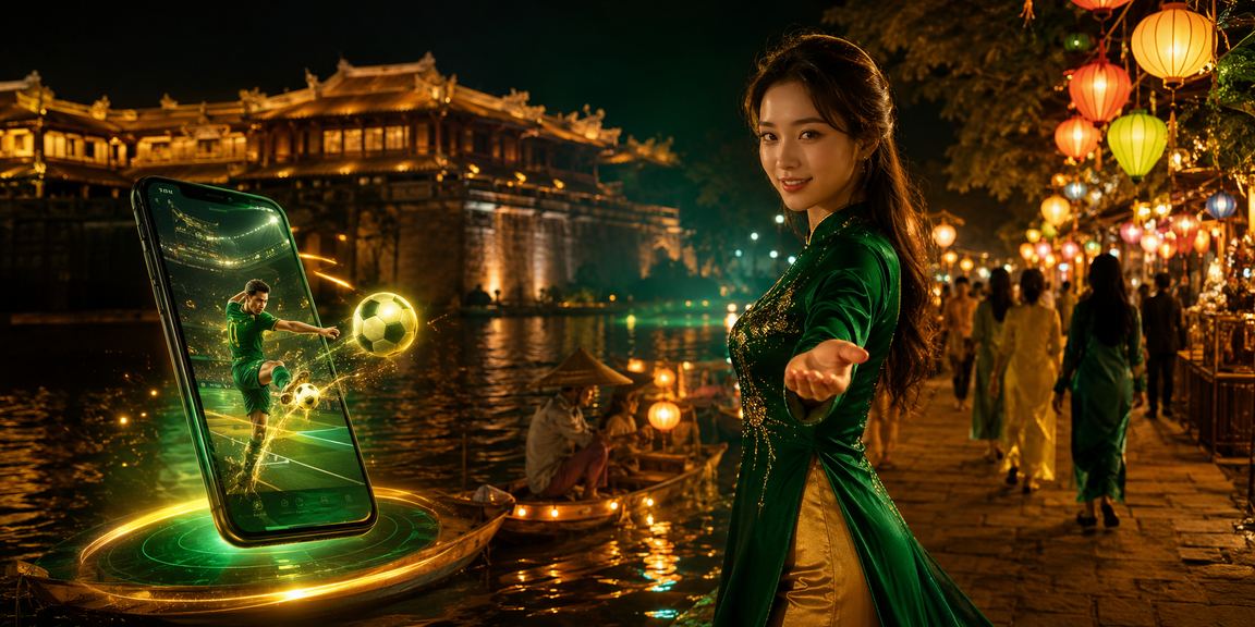 Người dùng tại chợ đêm Huế theo dõi cá cược thể thao trên điện thoại ban đêm